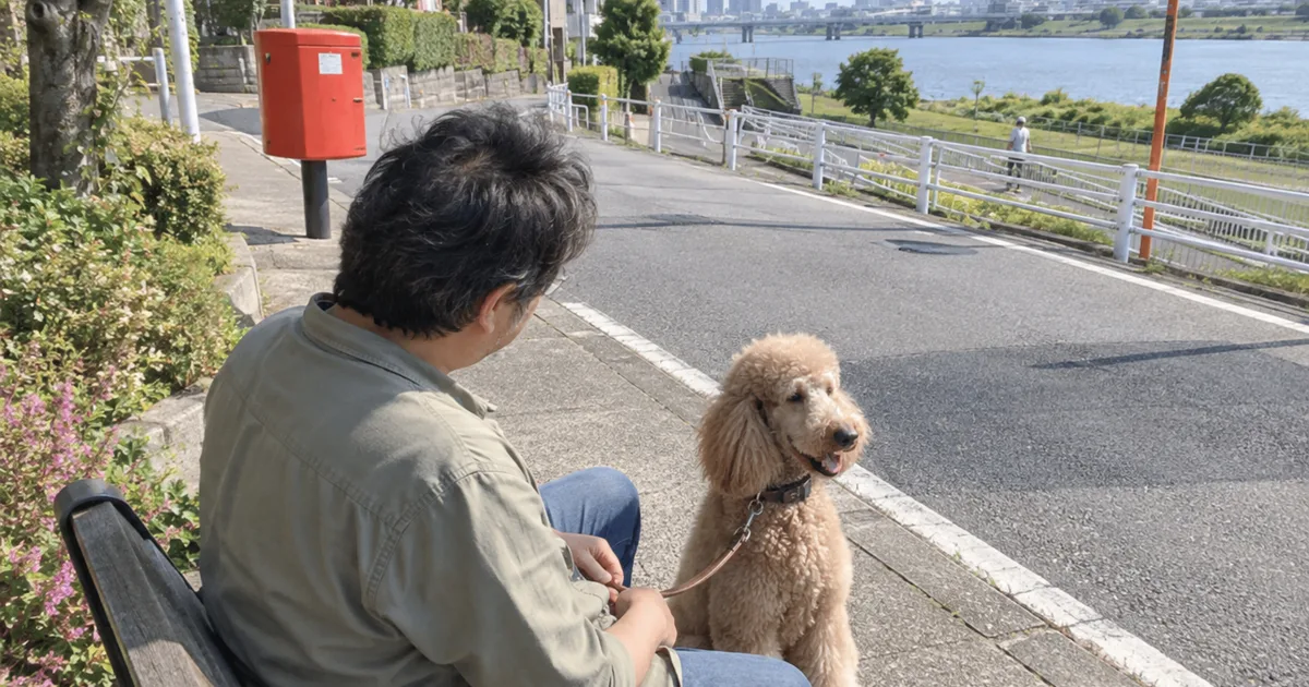 河川敷沿いのベンチに座る40代の男性と、リードをつけたスタンダードプードル
