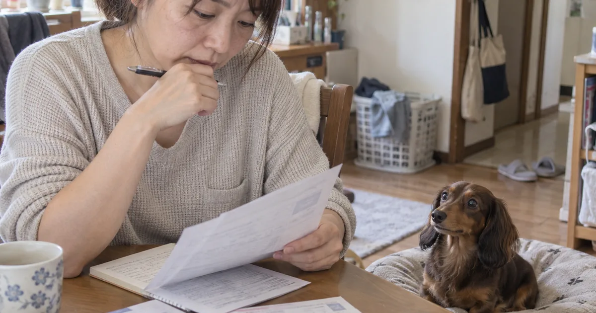 食卓で料金表を見比べる30代の女性と、クッションの上から見上げるミニチュアダックスフンド