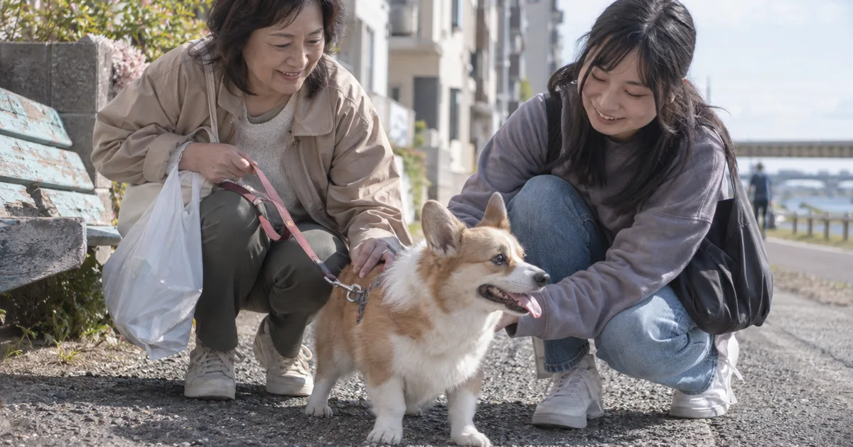 散歩の途中でコーギーをなでる母親と成人した娘