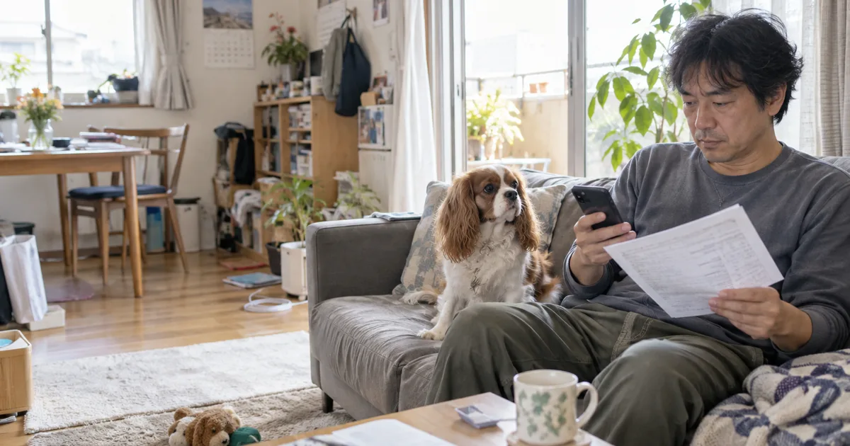 ソファでスマートフォンと料金表を見比べる40代の男性と、隣に座るキャバリア