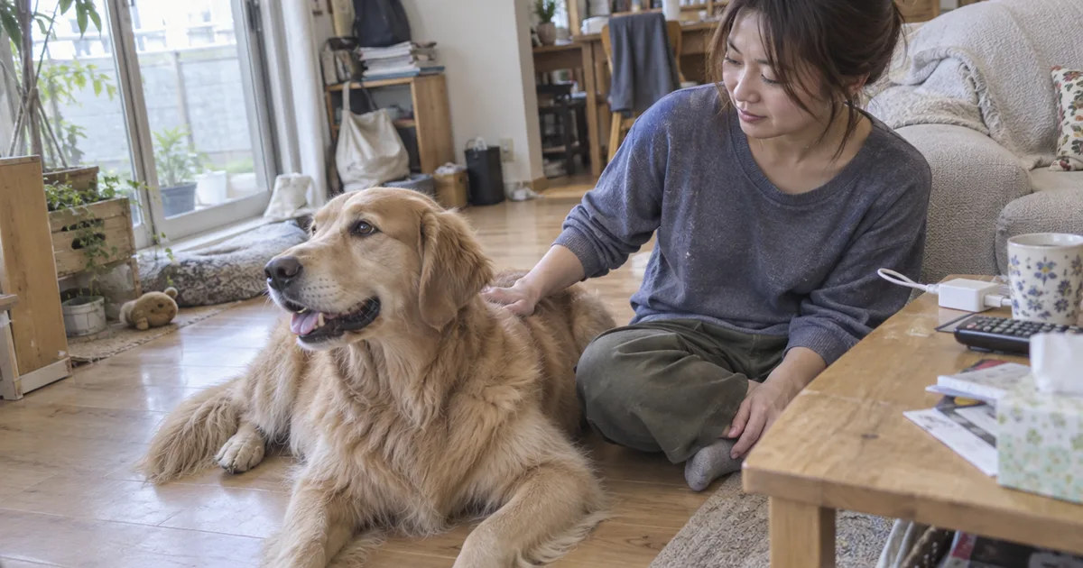 リビングの床で頭を上げるゴールデンレトリバーと、背中に手を添える30代の女性