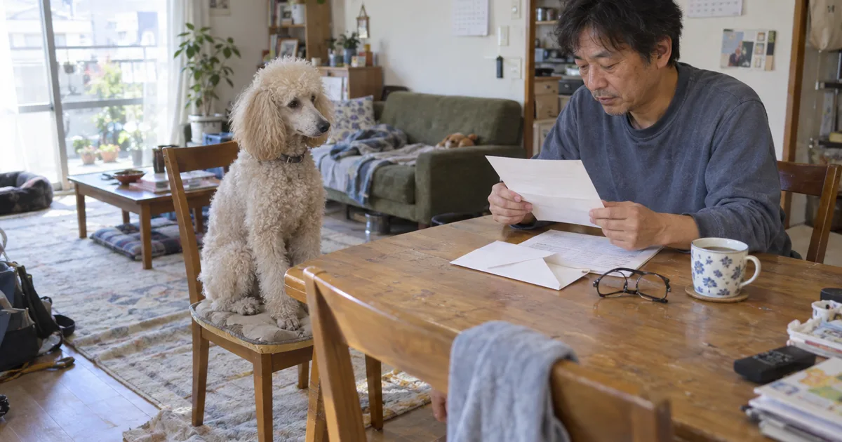 食卓で手紙を読む40代の男性と、椅子の上から見守るスタンダードプードル