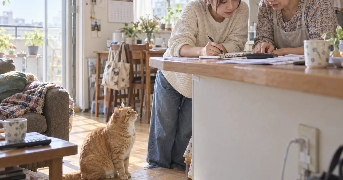 キッチンで費用をメモする母親と成人した娘と、足元で見上げる茶トラの猫