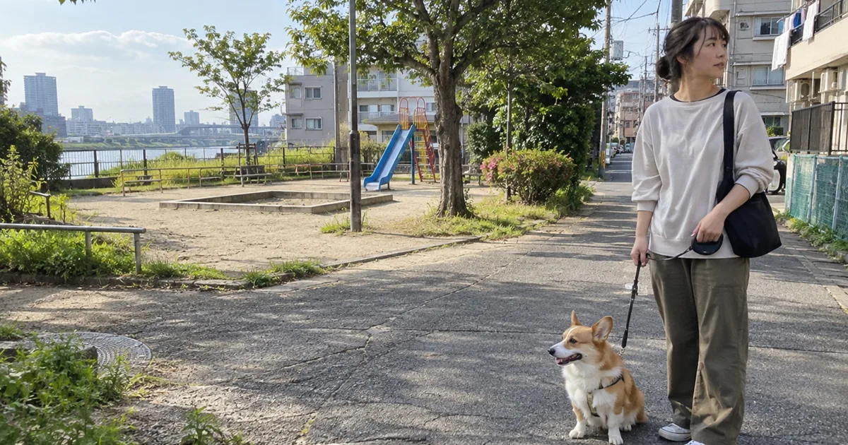 近所の公園の入口に立つ30代の女性と、そばに座るコーギー