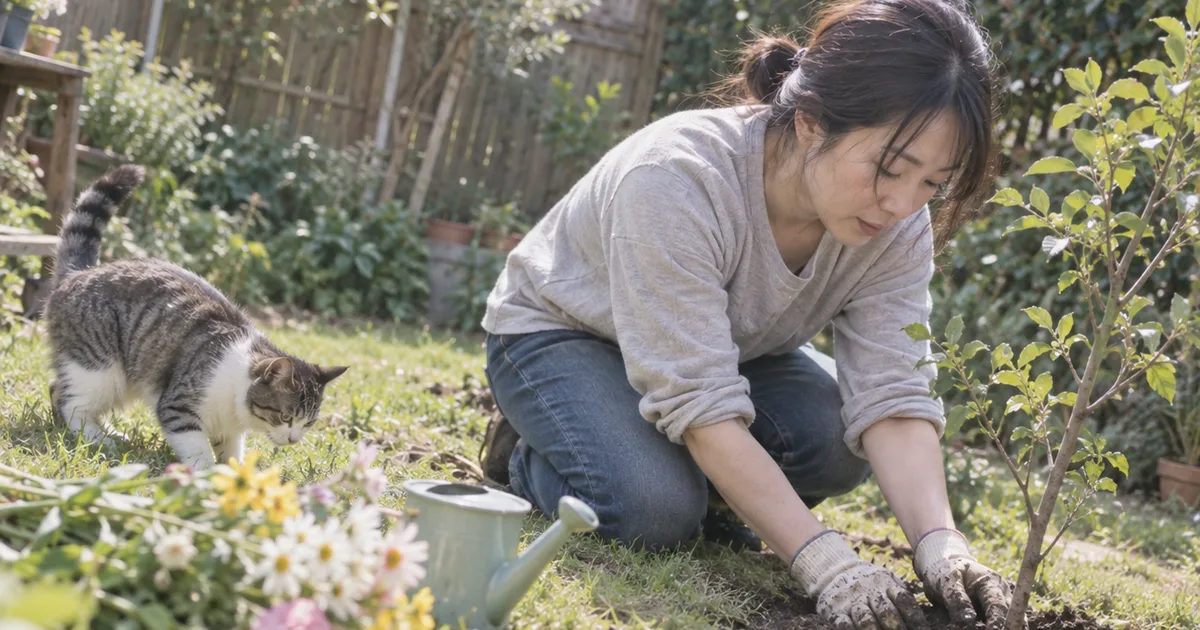 庭に若木を植える30代の女性と、そばを歩く猫
