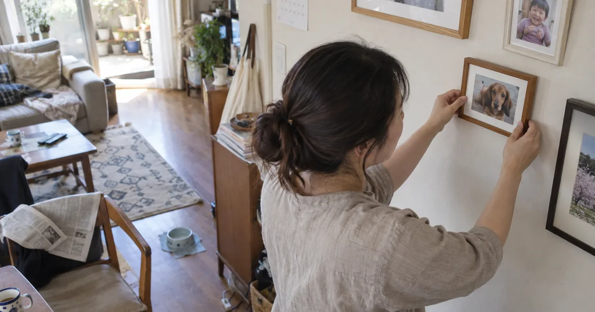 リビングの壁にミニチュアダックスフンドの写真を掛ける30代の女性