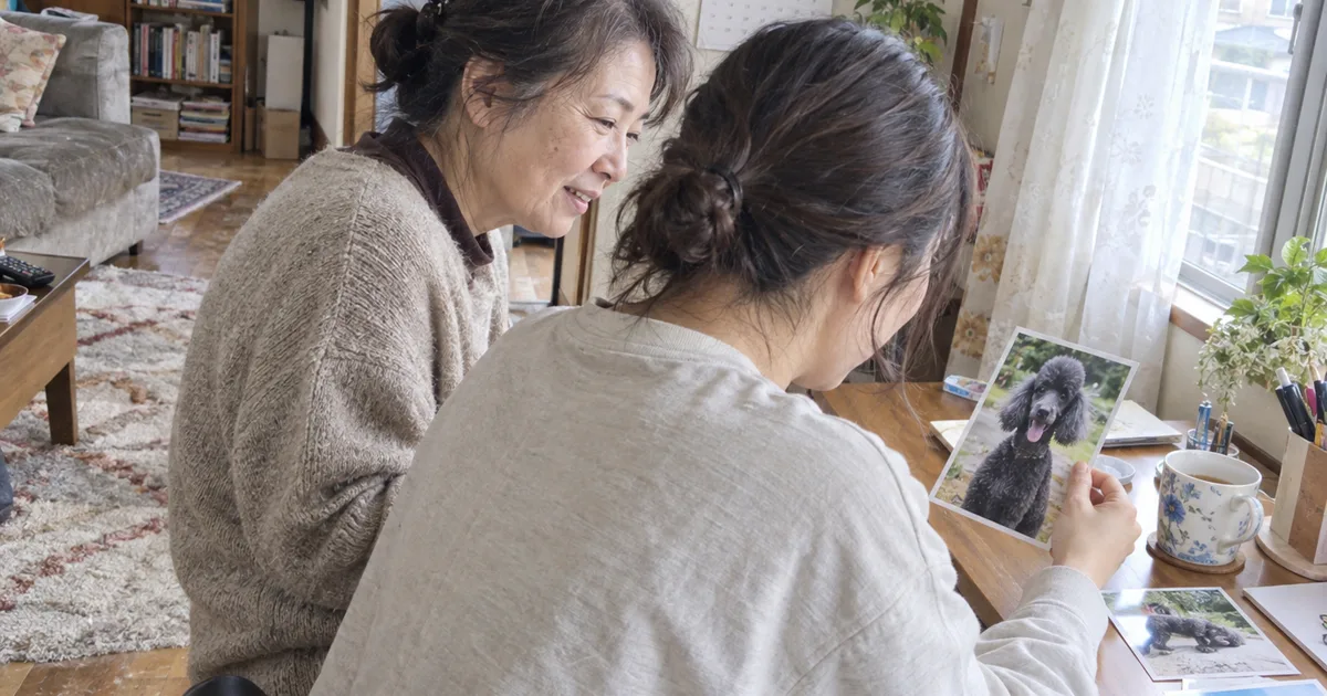 テーブルでスタンダードプードルの写真を眺める母親と成人した娘
