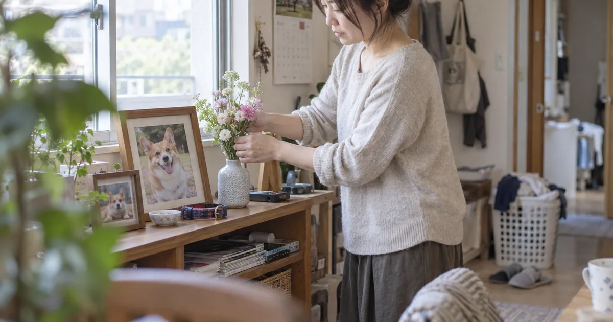 窓辺の棚に飾ったコーギーの写真に花を生ける30代の女性
