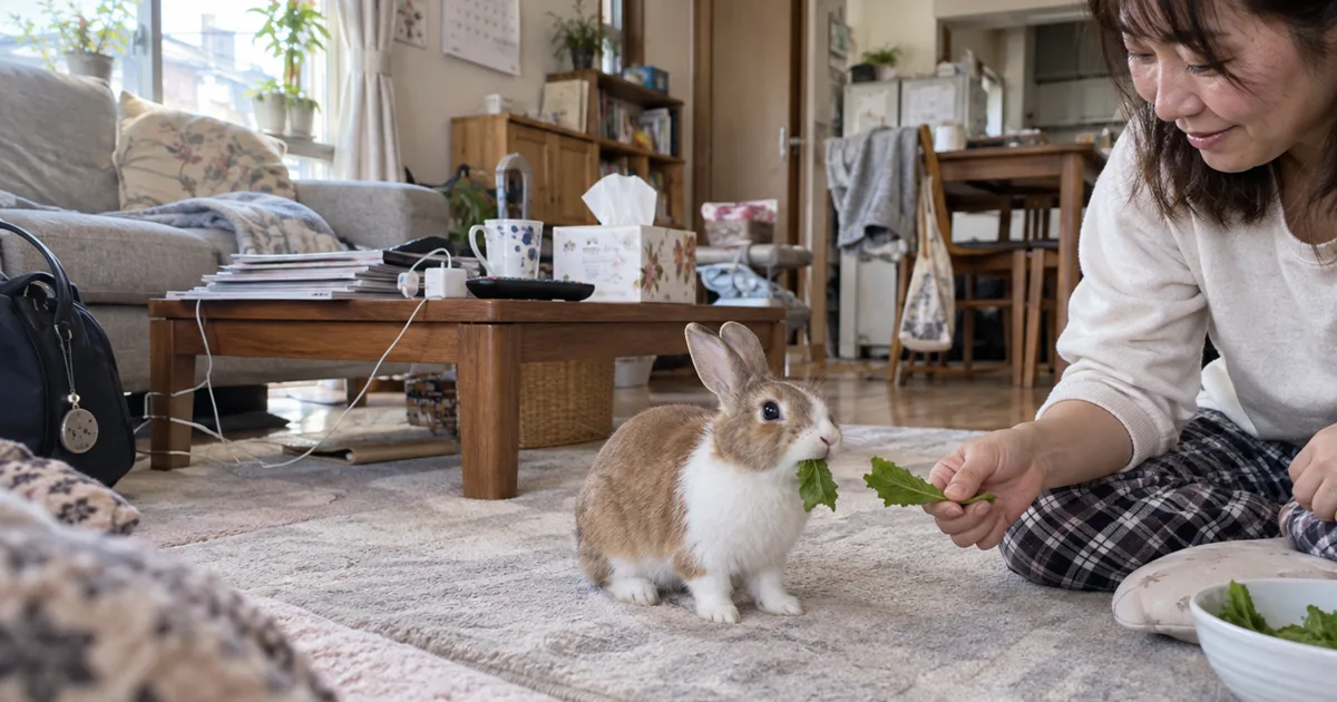 明るいリビングで葉野菜を食べるうさぎ
